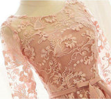 A Line Pink Lace Long Sleeve Open Back Scoop Knee Length Appliques Homecoming Dress JS732