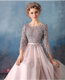 Scoop A-line Pink Chiffon with Silver Lace Appliqued Long 3/4 Sleeves Prom Dresses JS311