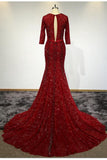 Sexy Mermaid 3/4 Sleeve V Neck Open Back Beads Burgundy Long Cheap Prom Dresses JS258