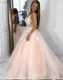 Princess V Neck Pink Long Tulle Lace Appliques Open Back Party Dress Prom Dresses JS66