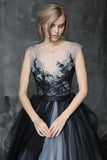 Chic A-Line Scoop Black Appliques Sweetheart Tulle Evening Dresses Prom Dresses UK JS266