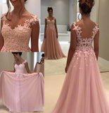 Elegant Pink Long V-Neck Appliques Sleeveless A-Line Chiffon Prom Dresses UK JS374