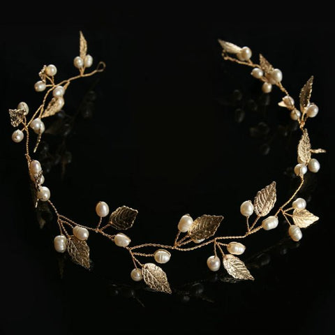 GETNOIVAS Gold Pearl Leaf Headband Tiaras de Noiva Bridal Hair Jewelry Headpiece