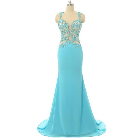 Mint Sheer Back Scoop Chiffon Mermaid Prom Dresses Sleeveless Prom Dresses JS796