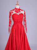 New Arrival Elegant Taffeta Applique Long Sleeve Empire Prom Gowns Evening Dresses JS857