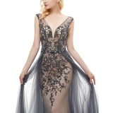 Elegant Mermaid V-Neck Sweep Train Grey Tulle Detachable Prom Dress with Beading JS652