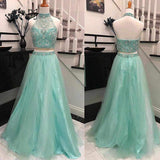 Elegant Halter Two Pieces Sky Blue Backless Tulle Prom Dresses with Beading JS743