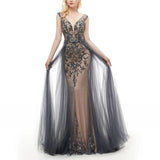 Elegant Mermaid V-Neck Sweep Train Grey Tulle Detachable Prom Dress with Beading JS652