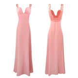 Pink Long Chiffon See Through Sexy V-Neck Sleeveless A-Line Yarn Prom Dresses JS18