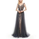 Elegant Mermaid V-Neck Sweep Train Grey Tulle Detachable Prom Dress with Beading JS652