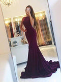 Elegant Mermaid Burgundy Sweep Train Prom Dress with Open Back