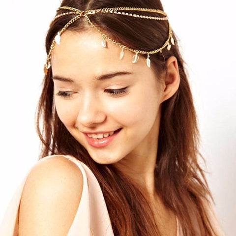 Bohemian Gold Color Metal Leaves Tassel Rhinestone Party Headpieces