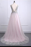 A line Tulle Blush Pink Prom Dresses with Beaded Sequins V Neck Bodice JS653