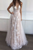 Long Sexy Deep V-Neck Tulle Lace Appliques Floor-Length A-Line Party Prom Dress JS122