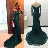 Charming Off-the-shoulder Dark Green Mermaid Lace Prom Dress with Long Sleeves