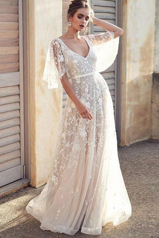 Short Sleeves V Neck A Line V Back Rustic Lace Bohemian Wedding Dresses