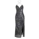 Halter Diamond Sequin Long Sleeveless Elegant Beautiful Prom Dresses Evening Dresses