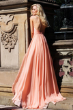 Cheap A line Sleeveless High Neck Open Back Cap Sleeve Chiffon Coral Prom Dresses JS827