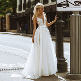 A-Line Tulle Lace V-neck Sleeveless Wedding Dresses Online