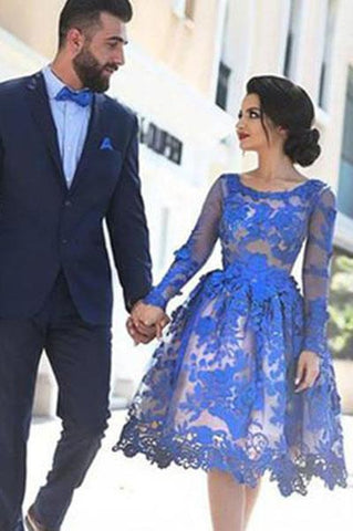 Unique Ball Gown Appliques Knee-Length Long Sleeve A-Line Tulle Royal Blue Sweet 16 Gown JS119