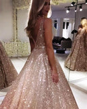 Sparkly Prom Dresses Sleeveless V Neck Ball Gown with Sequins Party Dresses