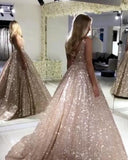 Sparkly Prom Dresses Sleeveless V Neck Ball Gown with Sequins Party Dresses