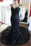 Charming Black Lace Spaghetti Strap Sweetheart Backless Mermaid Sweep Train Evening Dresses JS249