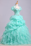 Ball Gown Sweetheart Organza Beads Lace up Ruffles Tiffany Blue Prom Quinceanera Dresses JS178