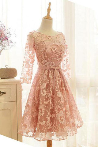 A Line Pink Lace Long Sleeve Open Back Scoop Knee Length Appliques Homecoming Dress JS732