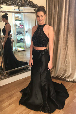 Sexy Black Two Piece With Beading Sparkly Long Prom Dresses