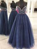 Beautiful A Line Spaghetti Straps V Neck Blue Tulle Rhinestone Long Prom Dresses JS32