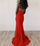 Strapless Red Satin Beading Trumpet Mermaid Prom Dress