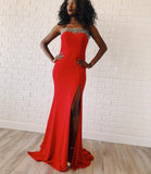 Strapless Red Satin Beading Trumpet Mermaid Prom Dress