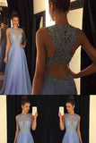 Lace Open Back Sexy Blue Chiffon Cheap A-Line Beads Sleeveless Scoop Prom Dresses JS942