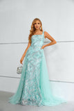 Unique Green Sleeveless Lace A Line Detachable Train Prom Dresses