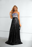 Stunning Black Strapless A Line Sequins Lace Prom Dresses