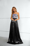 Stunning Black Strapless A Line Sequins Lace Prom Dresses