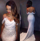 White Mermaid Off The Shoulder Long Ivory Sequins with Sparkle Formal Party Dresses For Teens JS13