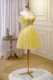 Cute Yellow Spaghetti Straps Off The Shoulder Tulle Short Homecoming Dresses