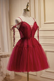 Burgundy Spaghetti Straps V Neck A Line Tulle Short Homecoming Dresses