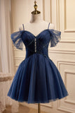 Dark Navy Spaghetti Straps V Neck Tulle Short Homecoming Dresses