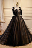 Black Straps Sleeveless Ball Gown Tulle Wedding Dress