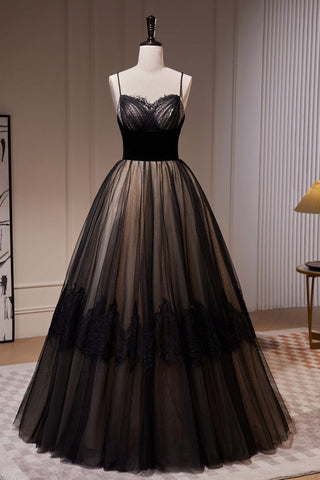 Simple Black Spaghetti Straps Lace A Line Tulle Long Prom Dresses