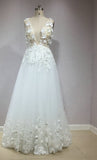 A Line 3D Flowers Deep V Neck Ivory Wedding Dresses Simple Boho Bridal Gowns