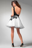 A Line One Shoulder White Homecoming Dress with Black Lace Knee Length Party Dress JS44