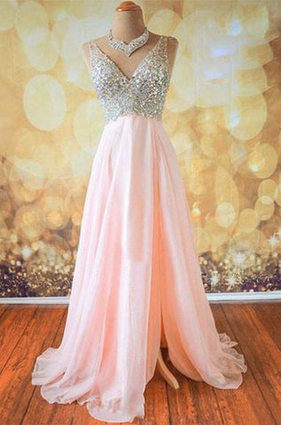 V-neck Beading Bodice Floor Length Split Prom Dresses Evening Dresses JS554