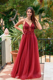 Beautiful Spaghetti Straps Long Burgundy Lace Tullle Flowy Prom Dresses