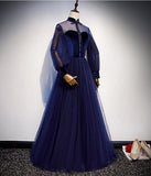 Vintage Long Simple Long Sleeves Evening Prom Dresses Open Back Blue Party Dresses