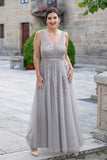 Light Gray Long V-neck Floor Length Prom Dresses With Appliques Plus Size Prom Gowns