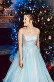 Light Blue Elegant Spaghetti Straps Plus Sizes Long Princess Prom Dresses